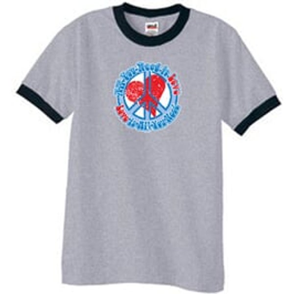 Peace Sign T-shirt All You Need Is Love Ringer Tee Heather Grey/Black