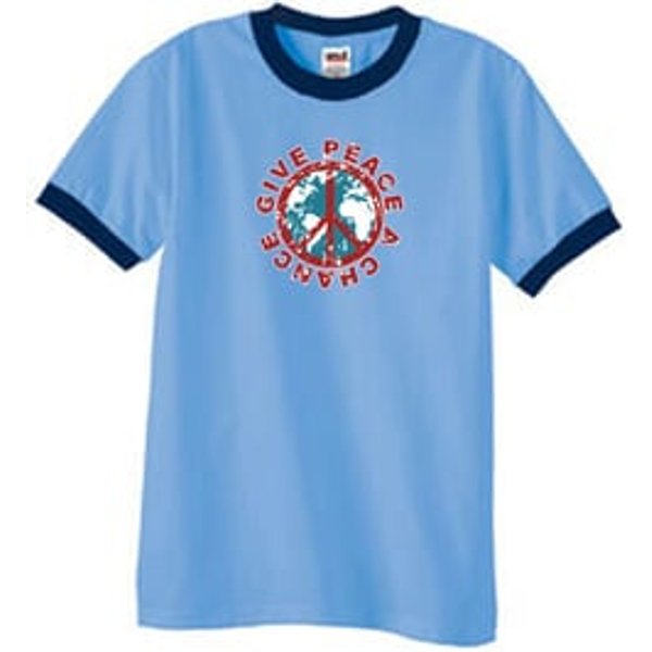 Peace Sign T-shirt Give Peace A Chance Ringer Tee Carolina Blue/Navy
