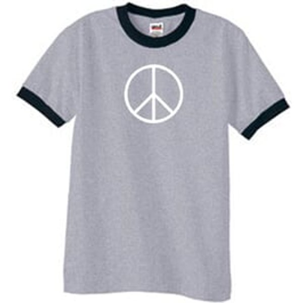 Peace Sign Tee Basic Peace White Print Ringer Shirt Heather Grey/Black