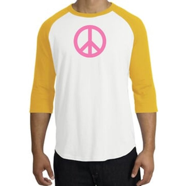 PINK PEACE World Peace Sign Symbol Adult Raglan T-shirt - White/Gold