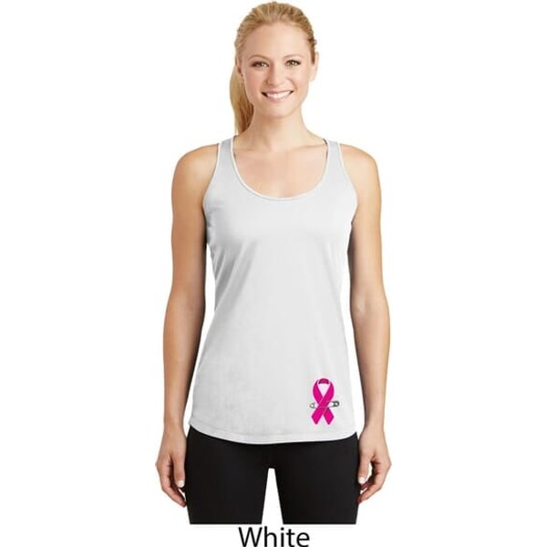 Pink Ribbon Pin Bottom Print Ladies Dry Wicking Racerback Tank Top