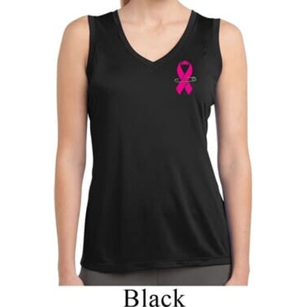 Pink Ribbon Pin Pocket Print Ladies Sleeveless Moisture Wicking Shirt