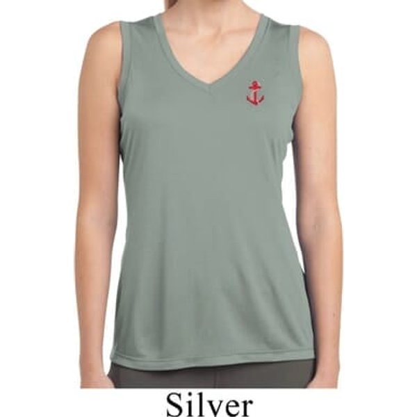 Red Anchor Patch Pocket Print Ladies Sleeveless Dry Wicking Shirt