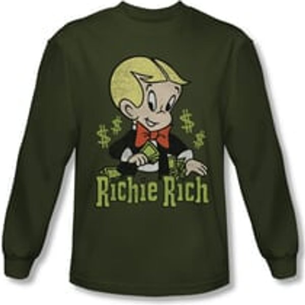 Richie Rich Shirt Logo Long Sleeve Olive Green Tee T-Shirt