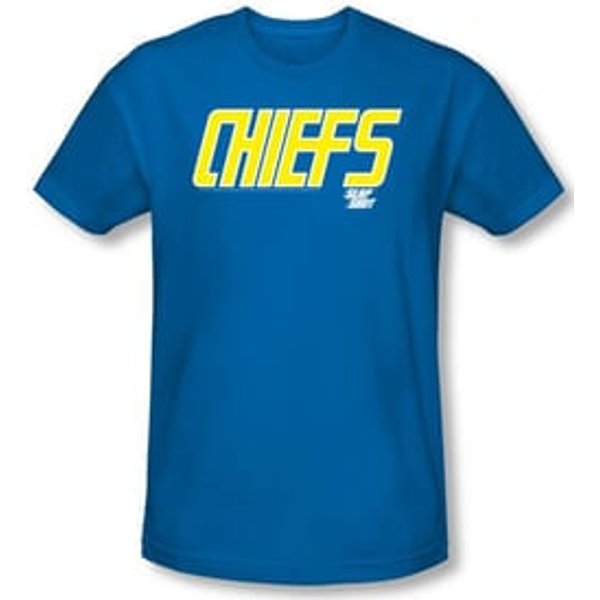 Slap Shot T-shirt Hockey Chiefs Logo Adult Royal Blue Slim Fit Shirt