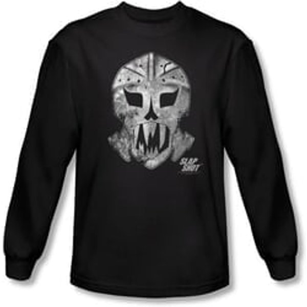 Slap Shot T-shirt Hockey Goalie Mask Adult Black Long Sleeve Tee Shirt