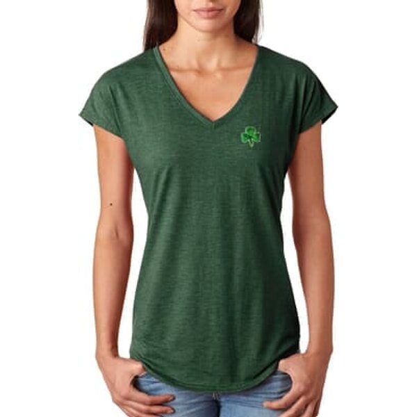 St Patricks Day Shamrock Sequins Pocket Print Ladies Tri Blend V-neck