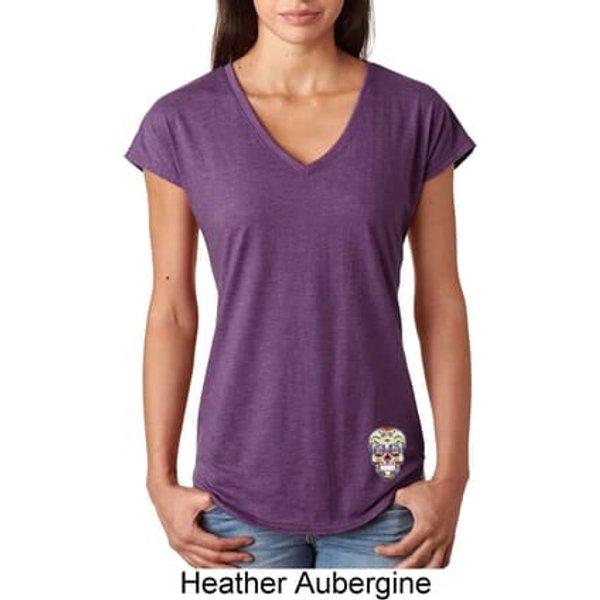 Sugar Skull Patch Bottom Print Ladies Tri Blend V-Neck Shirt