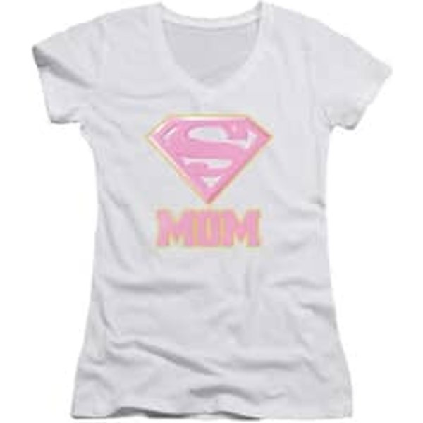 Super Mom Juniors V Neck Shirt Pink Shield White T-Shirt