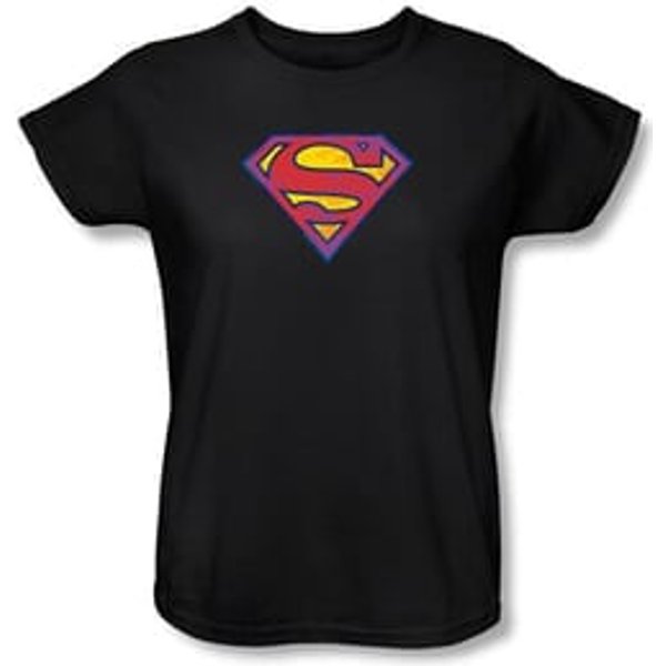 Superman Ladies T-shirt DC Comics Neon Distress Logo Black Tee Shirt