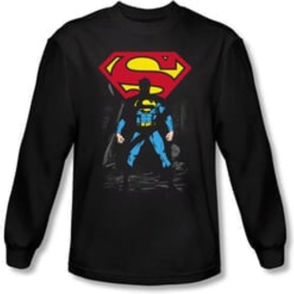 Superman Long Sleeve T-shirt DC Comics Dark Alley Logo Black Tee Shirt