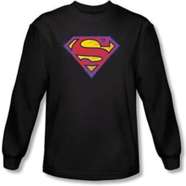 Superman Long Sleeve T-shirt DC Comics Neon Distress Logo Black Shirt