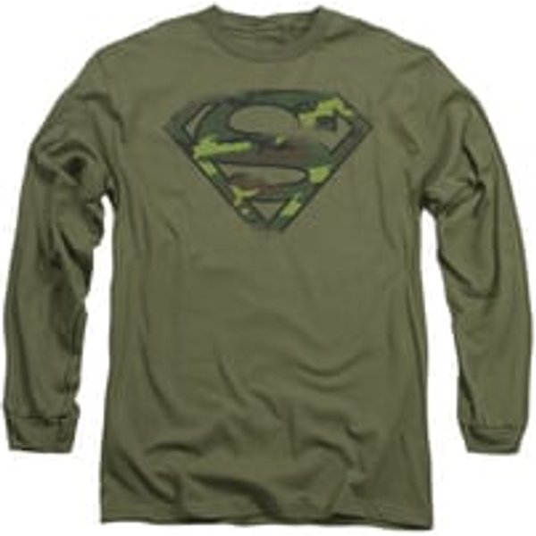 Superman Shirt Distressed Camo Shield Long Sleeve Olive Tee T-Shirt