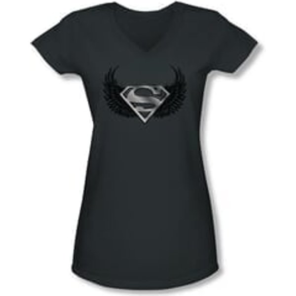 Superman Shirt Juniors V Neck Dirty Wings Charcoal T-Shirt