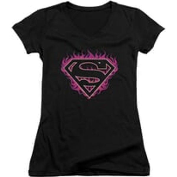 Superman Shirt Juniors V Neck Fuchia Flames Black T-Shirt