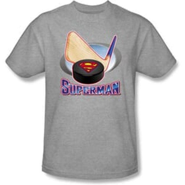 Superman T-shirt Hockey Stick And Puck Adult Heather Gray Tee