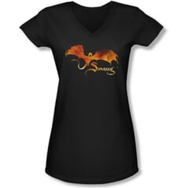 The Hobbit Battle Of The Five Armies Shirt Juniors V Neck Smaug On Fire Black Tee T-Shirt