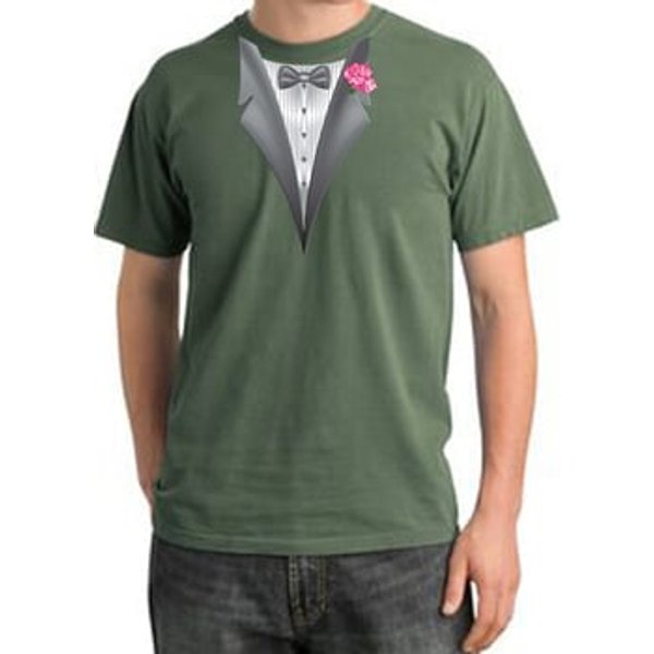 Tuxedo T-shirt Pigment Dyed With Pink Flower - Olive Green