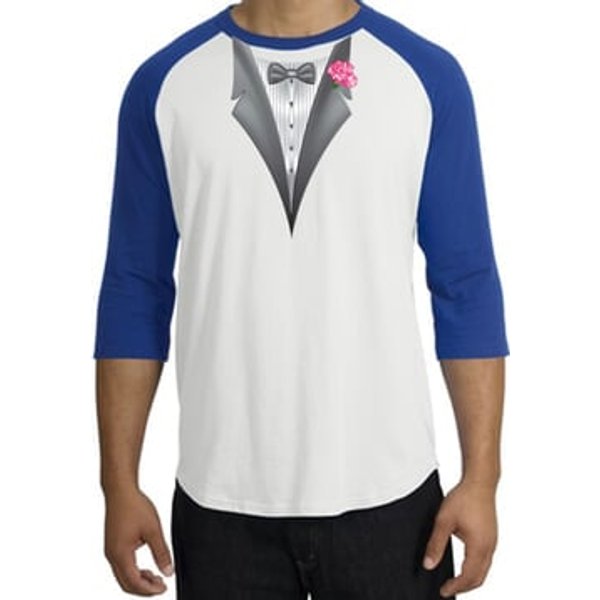 Tuxedo T-Shirt Raglan With Pink Flower - White/Royal