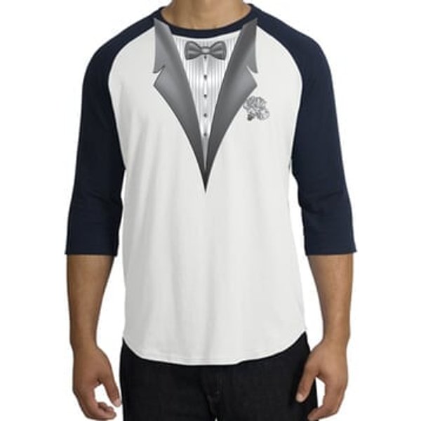 Tuxedo T-Shirt Raglan With White Flower - White/Navy
