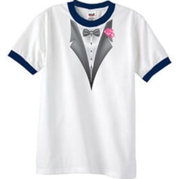Tuxedo T-Shirt Ringer With Pink Flower - White/Navy