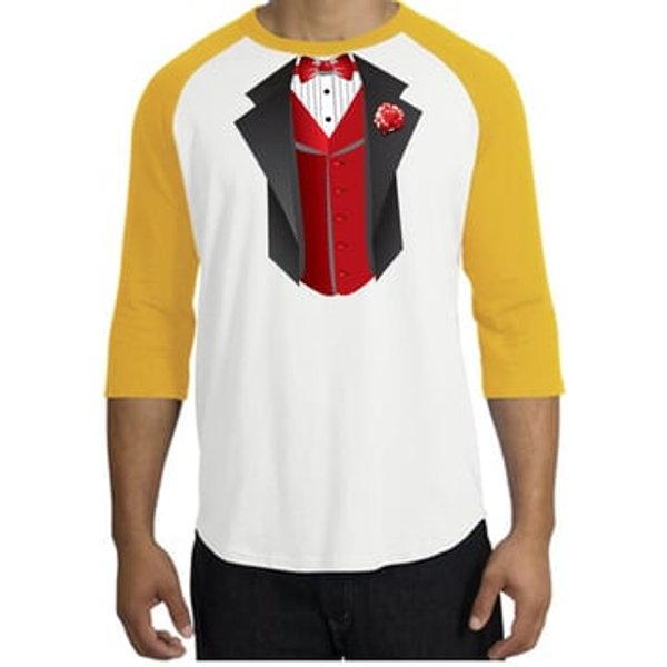 Tuxedo T-shirts Raglan With Red Vest - White/Gold
