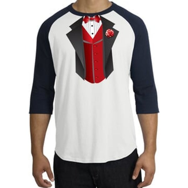 Tuxedo T-shirts Raglan With Red Vest - White/Navy