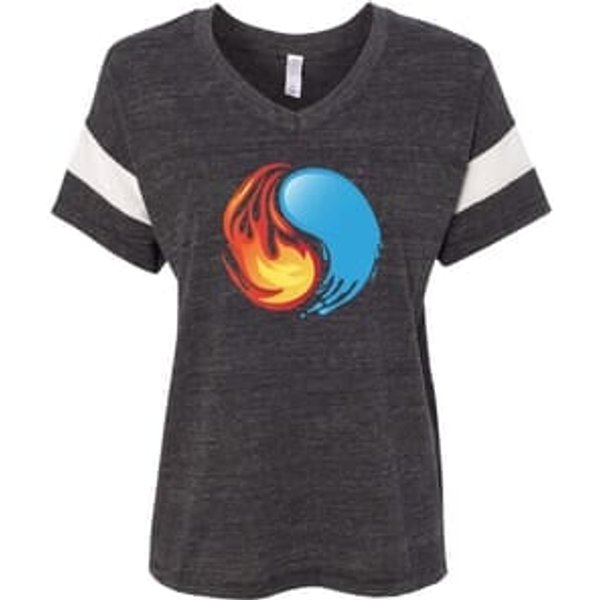 Yin Yang Fire and Water Ladies Black/Ivory Eco Jersey V Neck Shirt