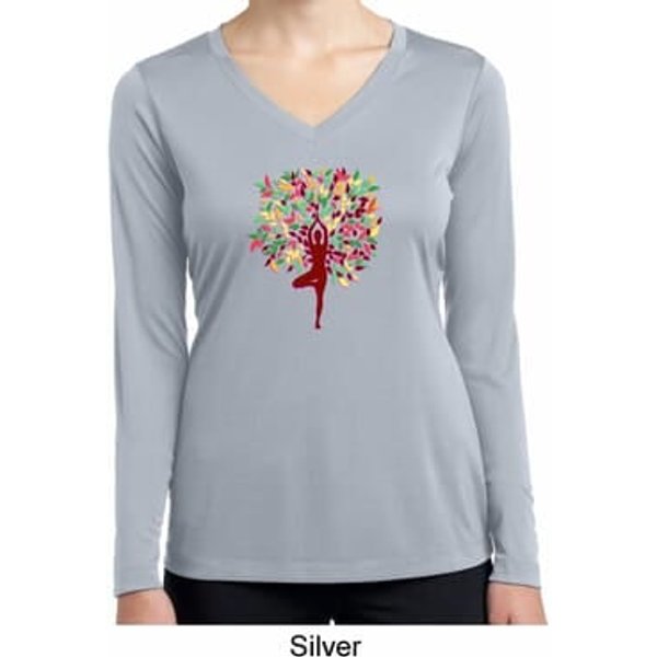 Yoga Foliage Tree Pose Ladies Moisture Wicking Long Sleeve Shirt