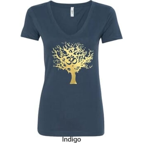Yoga Gold Foil Tree of Life Ladies V-Neck Shirt