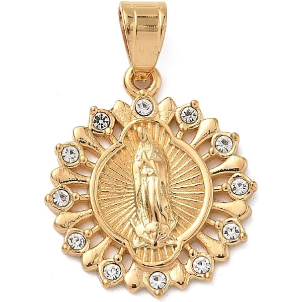 316 Pendenti In Strass In Acciaio Inossidabile Chirurgico, Piatta E Rotonda Con Virgin Mary, Placcatura Di Vuoto, Vero Placcato Oro 18K, 29X25.5X3Mm, Foro: 7X5 Mm-image