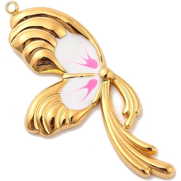 304 Stainless Steel Pendants, With Enamel, Butterfly Charms, Real 18K Gold Plated, Cadmium Free & Nickel Free & Lead Free, Pearl Pink, 42X19.5X3Mm, Hole: 1.4Mm-image