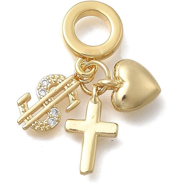 Messing Mikro Pflastern Klare Kubik Zirkonia EuropäIsche Baumeln Charme, Kreuz Herz AnhäNger Mit GroßEm Loch, Cadmiumfrei Und Bleifrei, Langlebig Plattiert, Gestell, Echtes 18K Vergoldet, Dollar-Zeichen, 25.5 Mm, Bohrung: 5.5 Mm-image