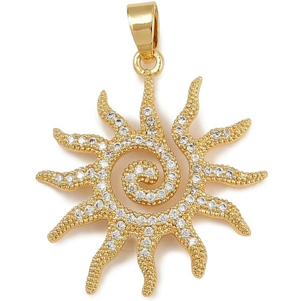 Brass Micro Pave Cubic Zirconia Pendants, Sun, Golden, 31X28X3Mm, Hole: 5X3Mm-image