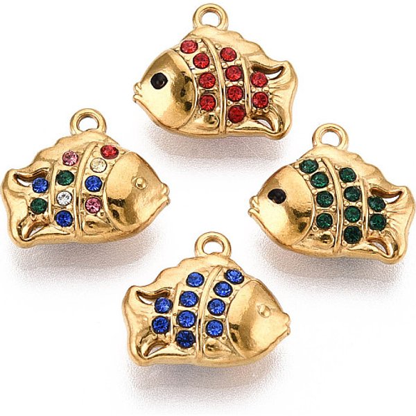 Ion Plating(Ip) 304 Stainless Steel Charms, Fish, With Rhinestone, Lead Free & Cadmium Free, Real 18K Gold Plated, Mixed Color, 12X13.5X4.5Mm, Hole: 1Mm-image