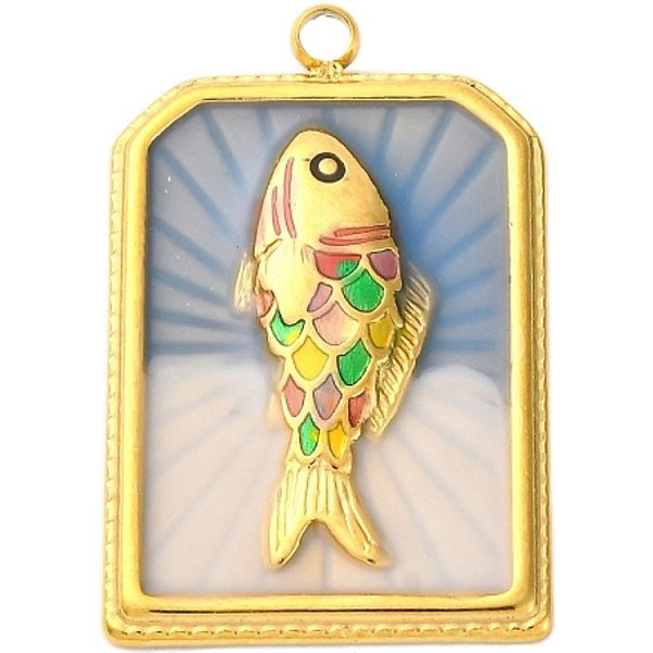 304 Stainless Steel Pendants, With Enamel, Ion Plating(Ip), Real 18K Gold Plated, Rectangle With Fish Charm, Steel Blue, 28X18X3Mm, Hole: 2Mm-image
