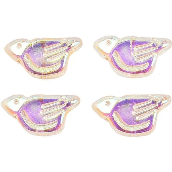 Electroplate And Golden Metal Enlaced Glass Beads, Bird, Medium Orchid, 10X19.5X7Mm, Hole: 1Mm-image