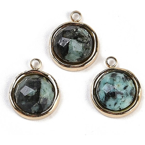 Natürlicher afrikanischer Türkis (Jaspis) facettiert flache runde Charms, mit Ionenplattierung (IP) 304 Edelstahl-zubehör, echtes 18k vergoldet, 10.5x8.5x4 mm, Bohrung: 1.2 mm