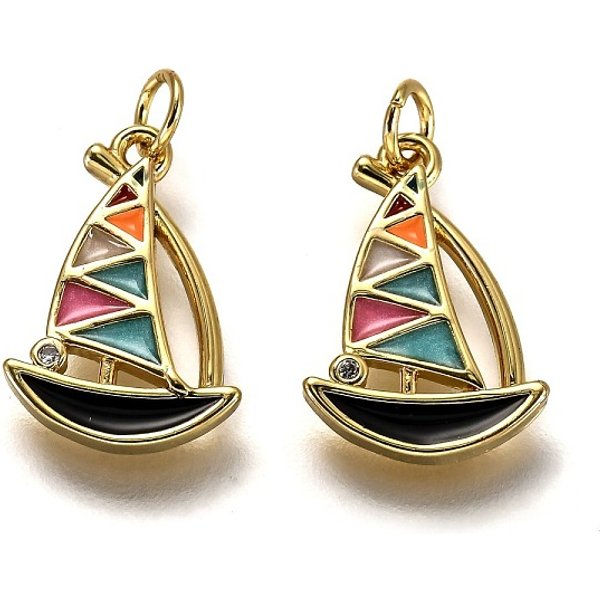 Brass Enamel Charms, Long-Lasting Plated, Real 18K Gold Plated, With Jump Ring, Sailboat, Colorful, 15X10X1.6Mm, Hole: 2.6Mm-image