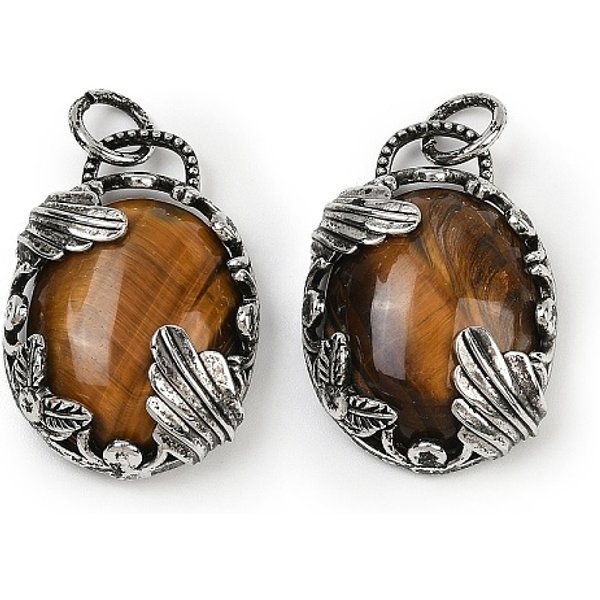 Natural Tiger Eye Pendants, Oval Charms With Brass Settings, Antique Silver, 30.5-31X21-21.5X8-8.5Mm, Hole: 5.5Mm-image