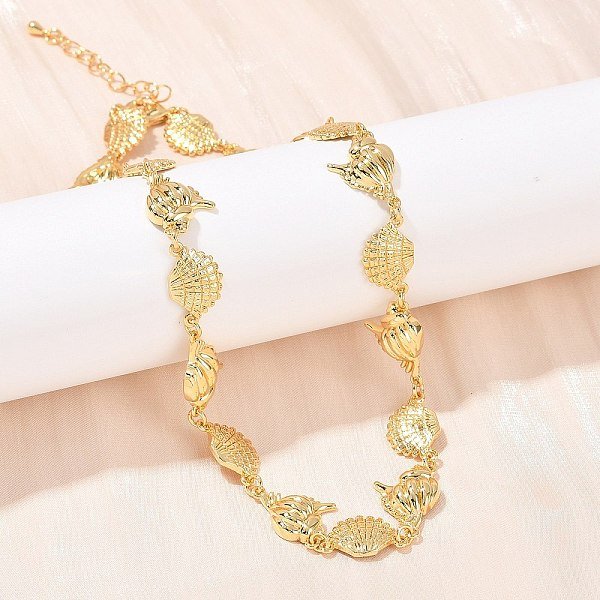 Summer Beach Brass Conch & Shell Shape Link Chain Necklaces, Rack Plating, Cadmium Free & Lead Free, Long Lasting Plated, Real 18K Gold Plated, 15.94 Inch(40.5Cm)-image