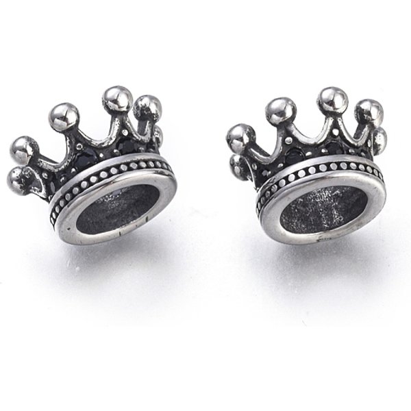 304 Edelstahl-EuropäIsche Perlen, GroßLoch Perlen, Mit Zirkonia-Perlen, Krone, Antik Silber Farbe, 11X7 Mm, Bohrung: 6 Mm-image