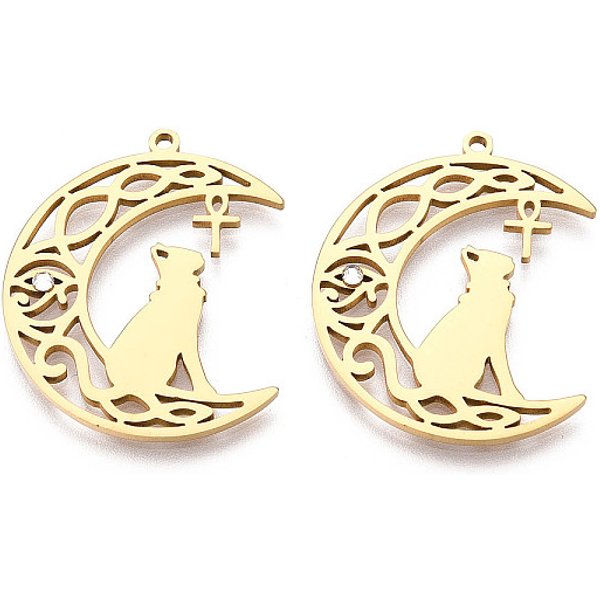 304 Stainless Steel Pendants, Moon & Wolf, with Crystal Rhinestone, Golden, 31x25x2mm, Hole: 1.5mm