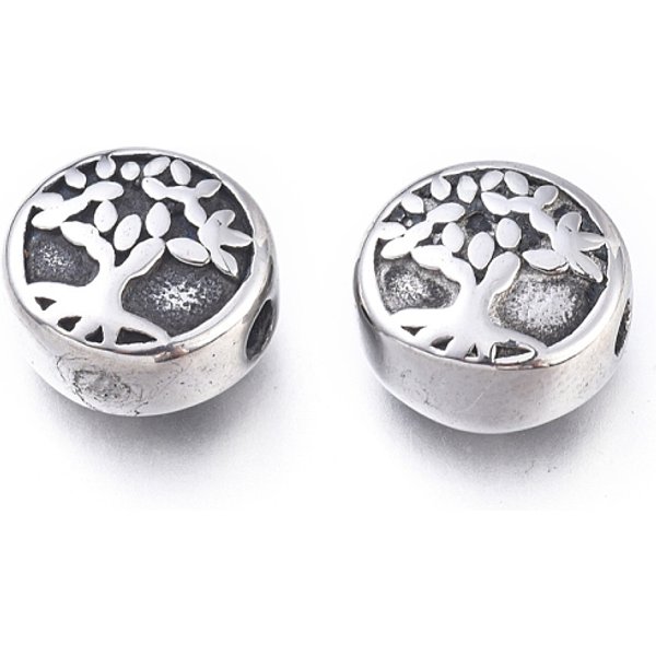 Perline In Acciaio Inossidabile 304, Piatta E Rotonda Con L'albero Della Vita, Argento Antico, 10X5.5Mm, Foro: 1.8 Mm-image