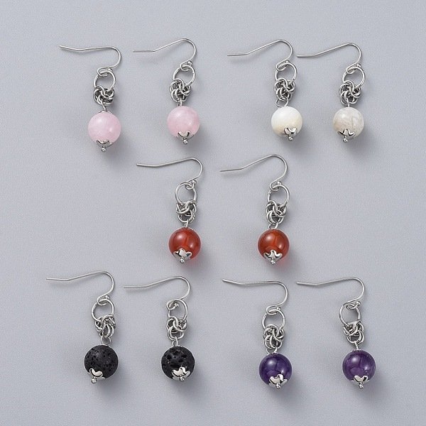 Boucles D'oreilles En Pierre PréCieuse Naturelle, Avec Des Capuchons De Perles En Forme De Fleur En Acier Inoxydable 304 Et Des Crochets De Boucles D'oreilles En Acier Inoxydable Chirurgical 316, 39Mm, Pin: 0.6 Mm-image
