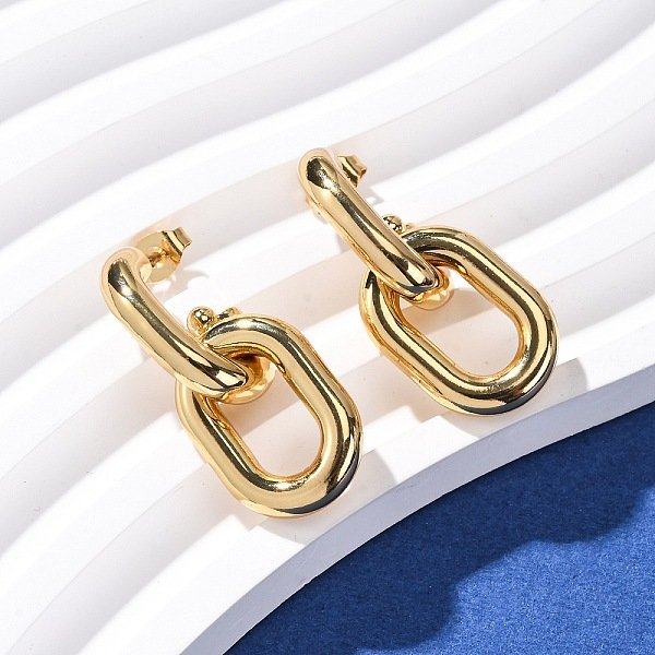 304 Stainless Steel Oval Dangle Stud Earrings, Ion Plating(IP), Real 18K Gold Plated, 32x14mm