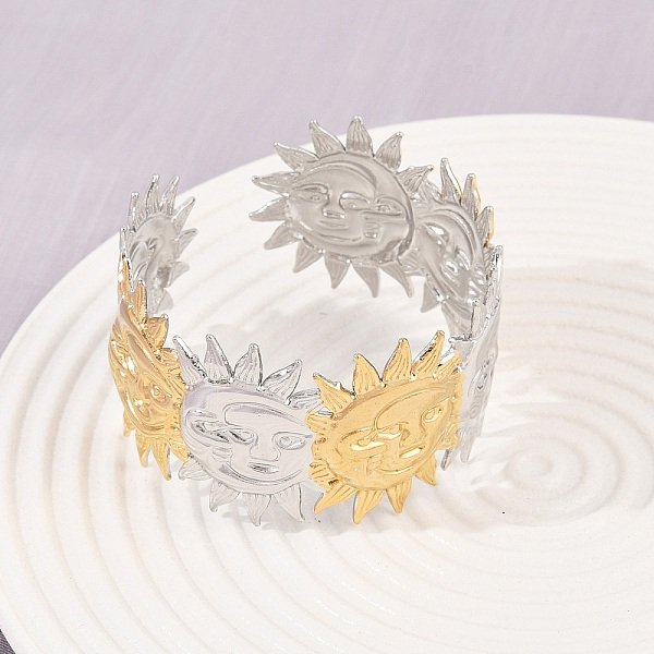 304 Stainless Steel Cuff Bangles For Women, Sun, Ion Plating(Ip), Golden & Stainless Steel Color, 1-1/4 Inch(3.2Cm), Inner Diameter: 2 Inch(5Cm)-image