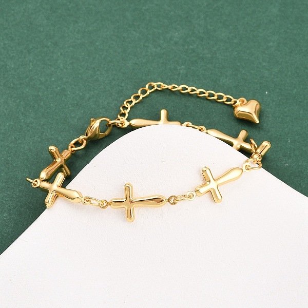 304 Stainless Steel Cross Link Chain Bracelets, Golden, 7-5/8 Inch(19.4Cm)-image