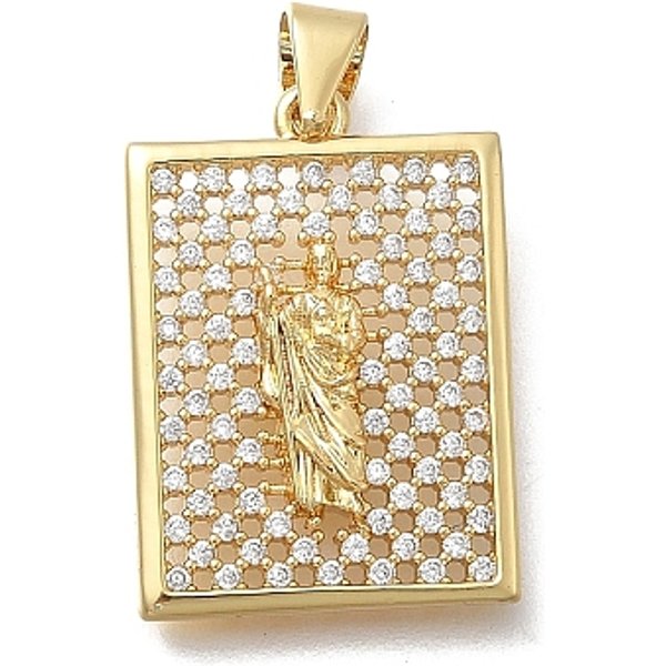 Messing Micro Pave Klare Zirkonia AnhäNger, Heiliger Judas, Cadmiumfrei Und Bleifrei, Gestell, Langlebig Plattiert, Echtes 18K Vergoldet, Rechteck, 22X16X3 Mm, Bohrung: 5X3.5 Mm-image
