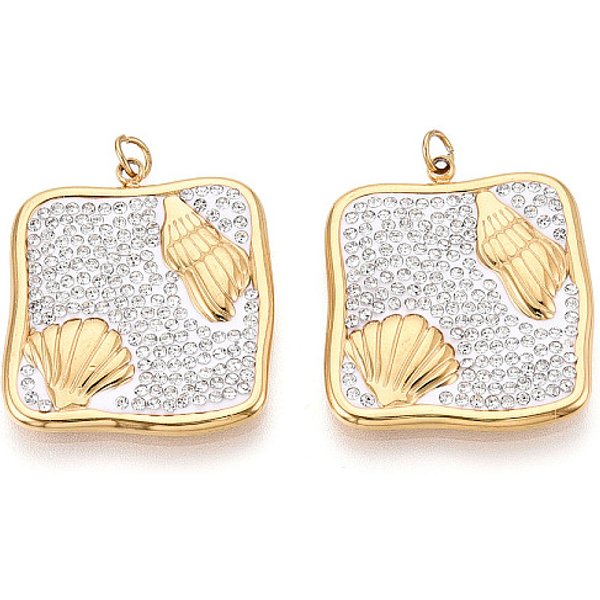 304 Stainless Steel And Polymer Clay Crystal Rhinestone Pendants, Square With Shell Shape, With Jump Ring, Ion Plating(Ip), Real 18K Gold Plated, Crystal, 25X22X2.5Mm, Hole: 2.8Mm-image